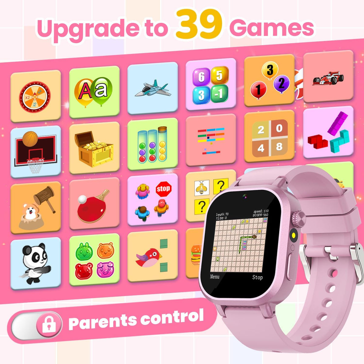 Reloj inteligente impermeable para niños y niñas de 5 a 12 años con 39 juegos, cámara HD, video, música, seguimiento de hábitos, alarma, podómetro, reloj inteligente para niños, regalo de cumpleaños para niñas de 5, 6, 7, 8 (rosa)