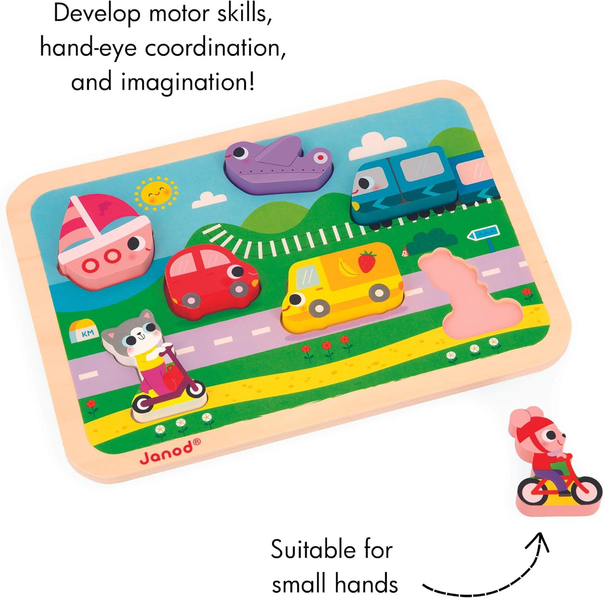 Janod - Vehículos Chunky Puzzle 7 Piezas - Desarrollo de habilidades motoras - Mejora las habilidades motoras - Promueve la imaginación, materiales de calidad segura - Excelencia en diseño francés