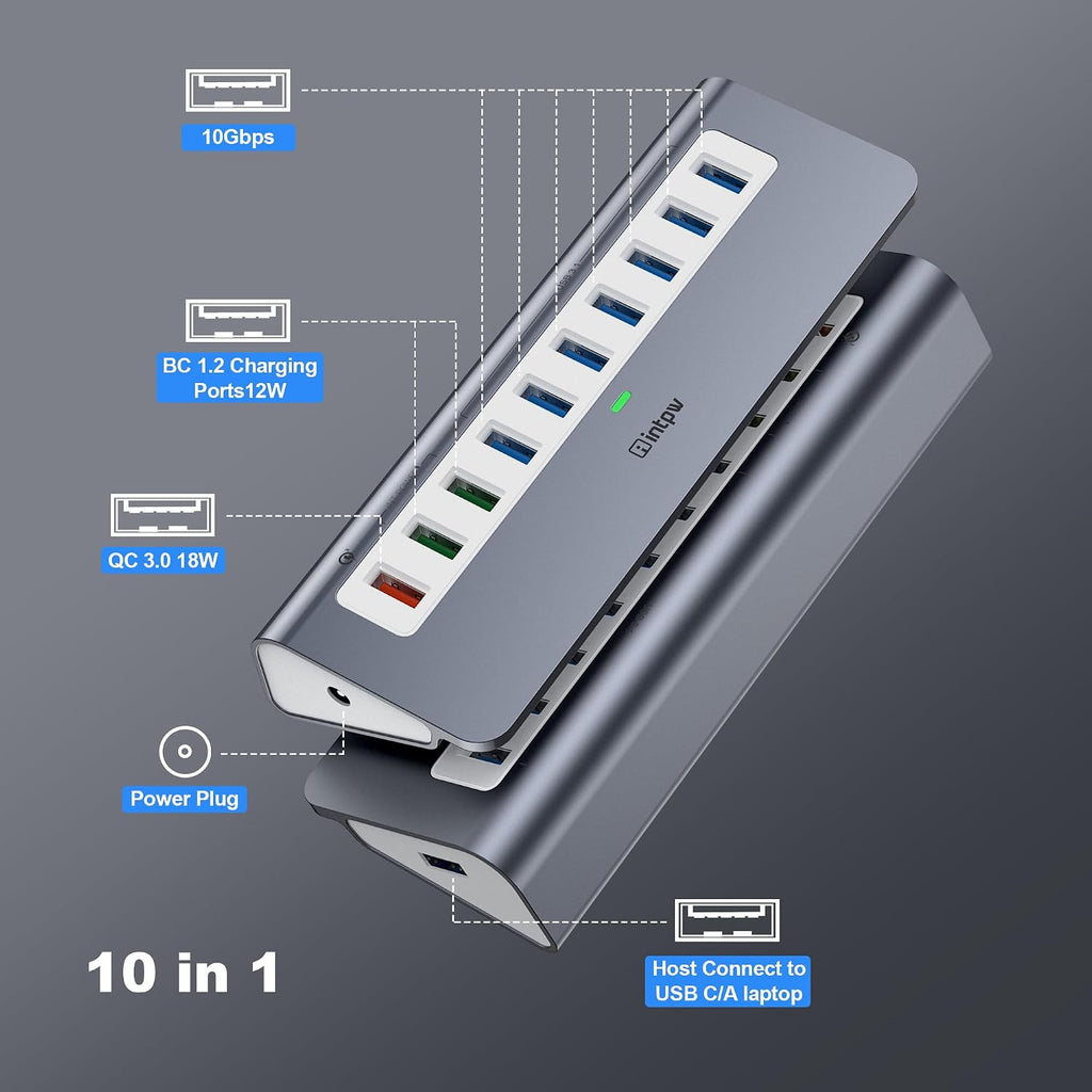intpw, hub USB 3.2 de 10 puertos, alimentado