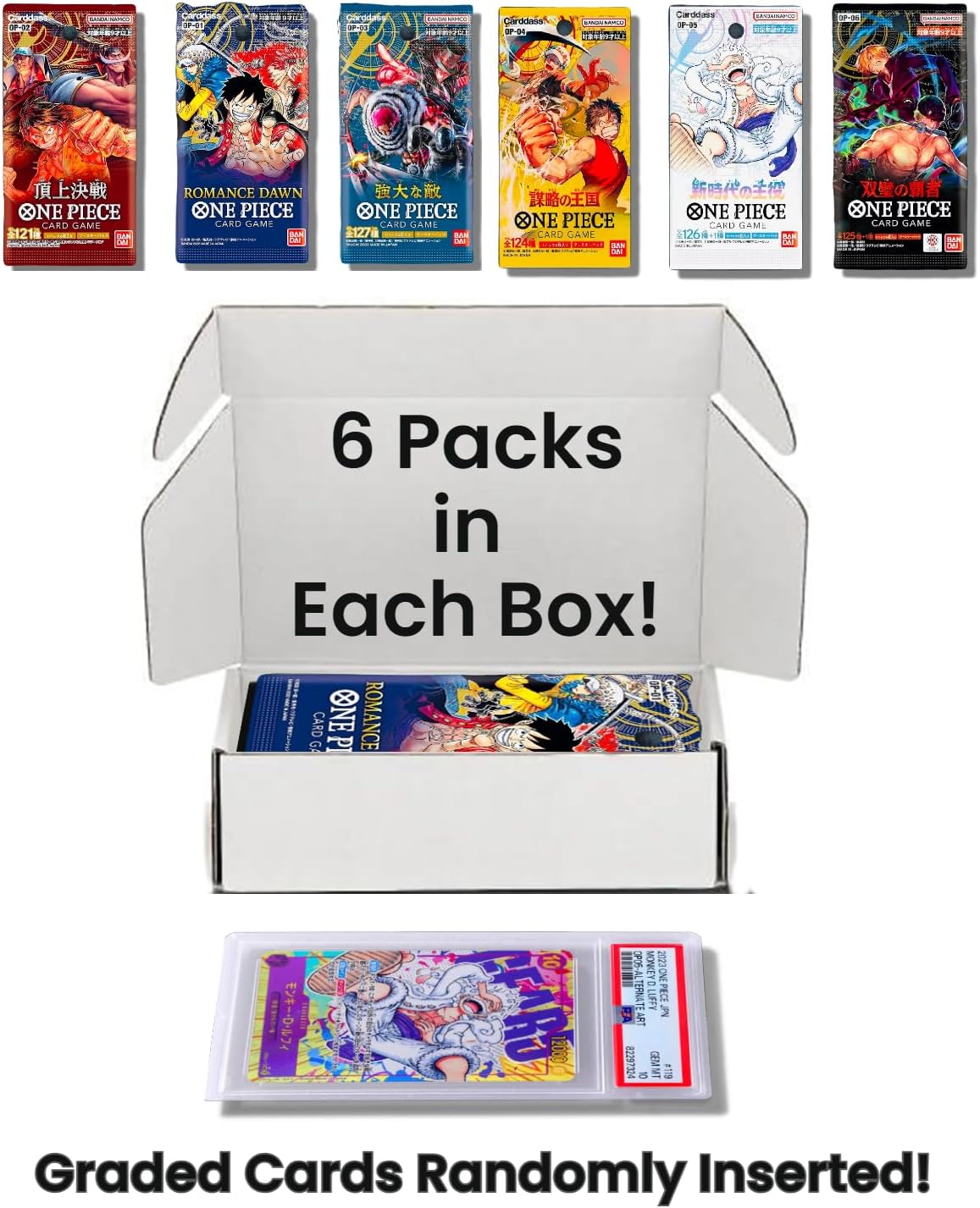 Caja de inicio de colección de tarjetas de una pieza │ 6 paquetes de refuerzo sellados (japonés) │ Juegos surtidos - Sin paquetes duplicados │ 22 lanzamientos y crecimiento │ 1 de cada 20 cajas contiene una tarjeta calificada │ por Slabs of Heat