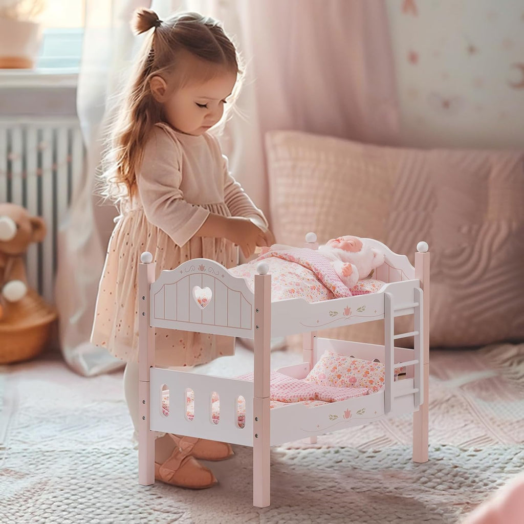 ROBUD Cuna para muñeca bebé, camas de madera para muñecas bebé de 20 pulgadas, literas para muñecas bebé con tul, cama para muñeca American Girl para regalos, rosa