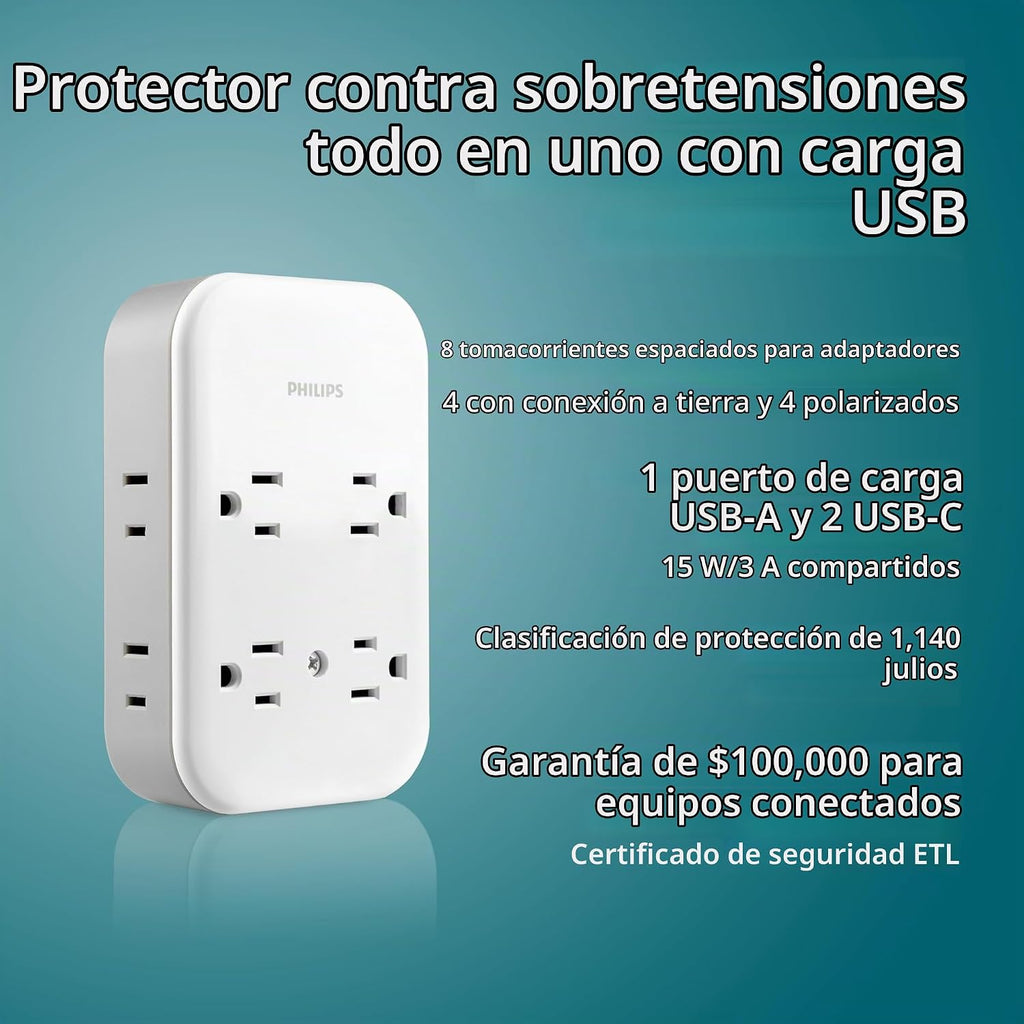 Philips Enchufe contra sobretensiones todo en uno con USB, 4 tomas con conexión a tierra y 4 tomas polarizadas, 2 puertos USB-C y 1 puerto USB-A, 15W compartidos, 1140 julios, certificado ETL, blanco