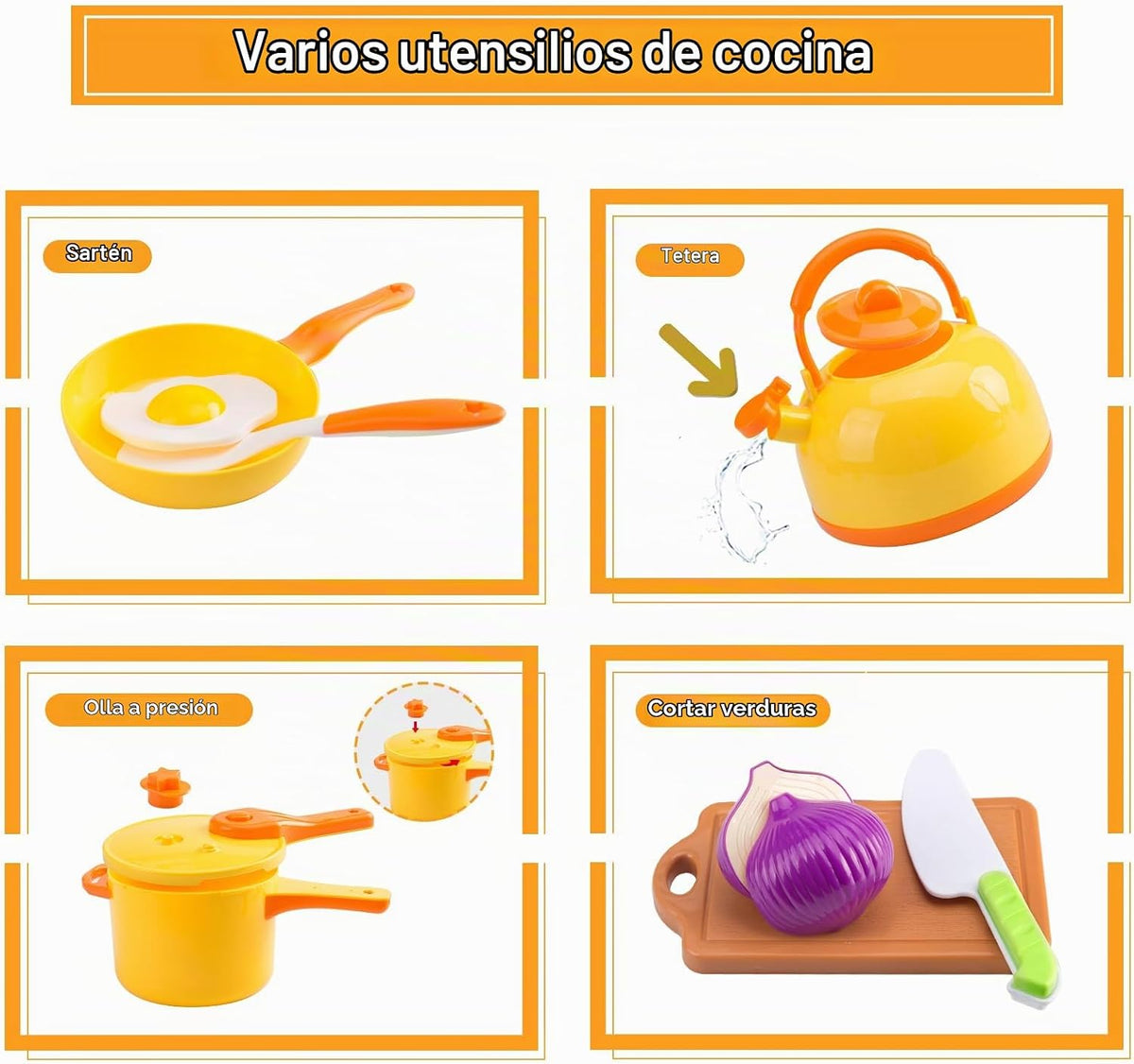 Mini accesorios de cocina de 200 piezas para niños a partir de 3 años, juego de cocina de simulación con utensilios de cocina, vajilla y 2 juegos de frutas, regalo de aprendizaje para niñas y niños, amarillo