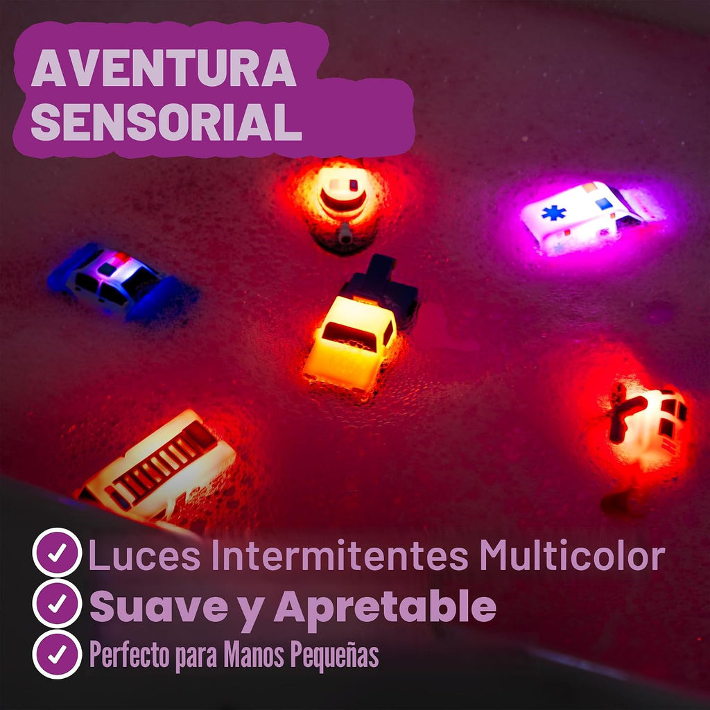 Tub Works® Emergency™ Cars - Juguetes de baño iluminados, paquete de 12 | Juguetes iluminados activados por agua que parpadean y cambian de color | Juguetes de baño para bebés y niños pequeños de fácil agarre | Juguetes sensoriales con luces de baño para