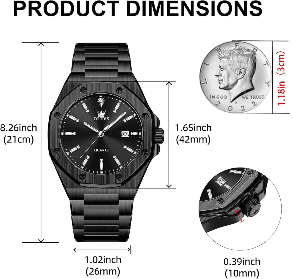 OLEVS Relojes para hombres de lujo octagonales en acero inoxidable de pulsera: reloj analógico de cuarzo de cara grande luminosa