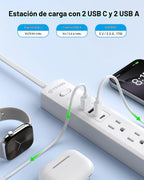 TROND - Tira de alimentación con protector de sobretensiones, enchufe plano giratorio 360°, 5 contactos ampliamente espaciados con 2 USB C y 2 USB A, protector de sobretensiones 1440J, montaje en