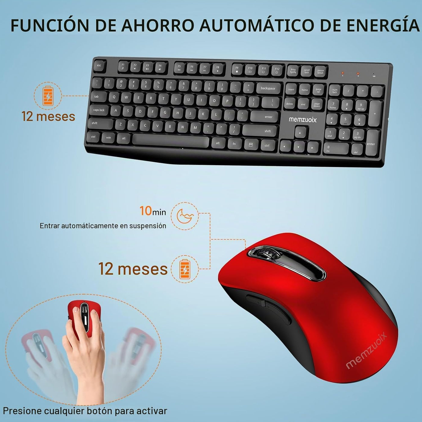 memzuoix Combo de teclado y mouse inalámbricos, juego ergonómico de...