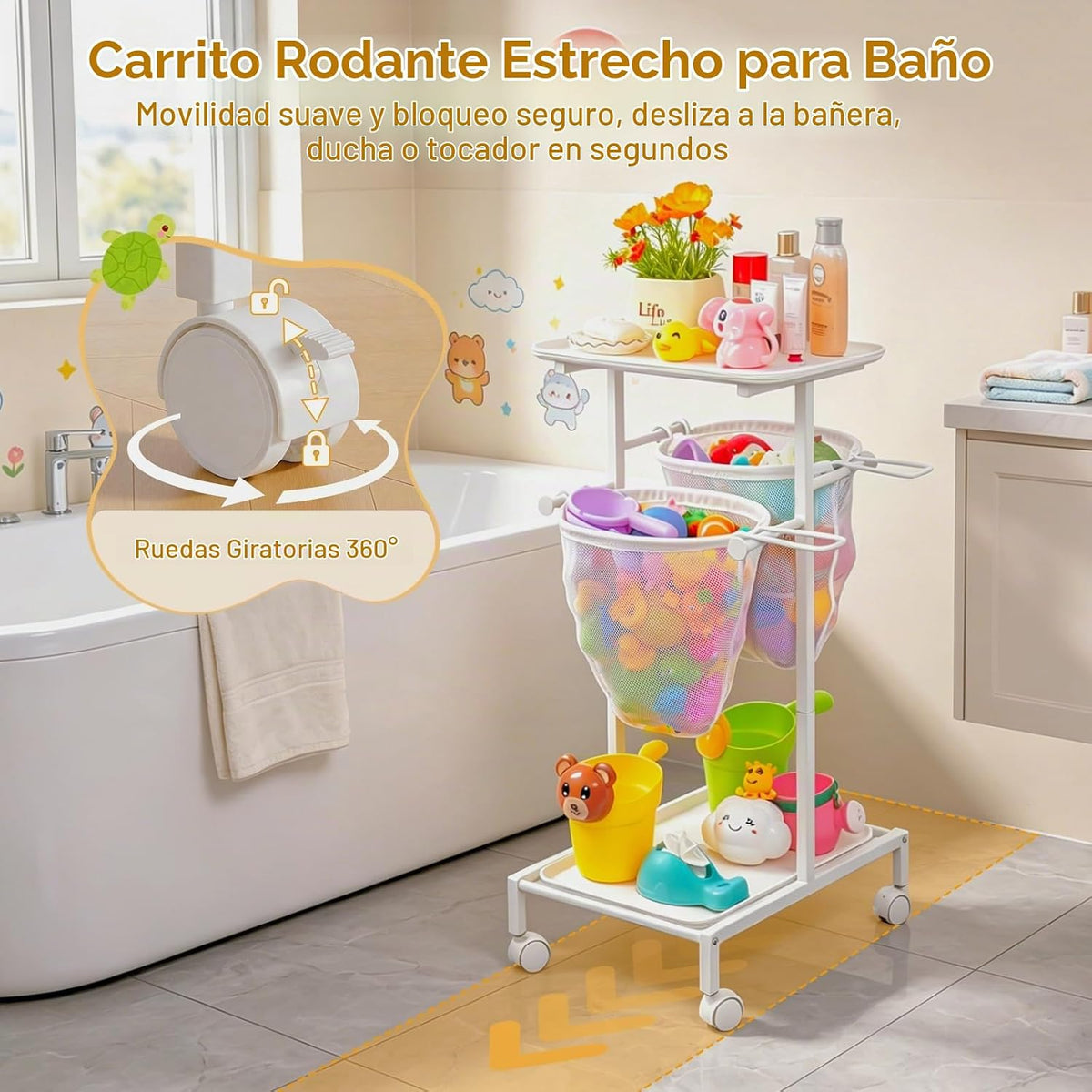 Soporte de almacenamiento de juguetes de baño, organizador de juguetes de bañera de secado rápido con 2 redes de malla colgantes y organizador de ducha, cubo grande de juguetes para bañera de fácil