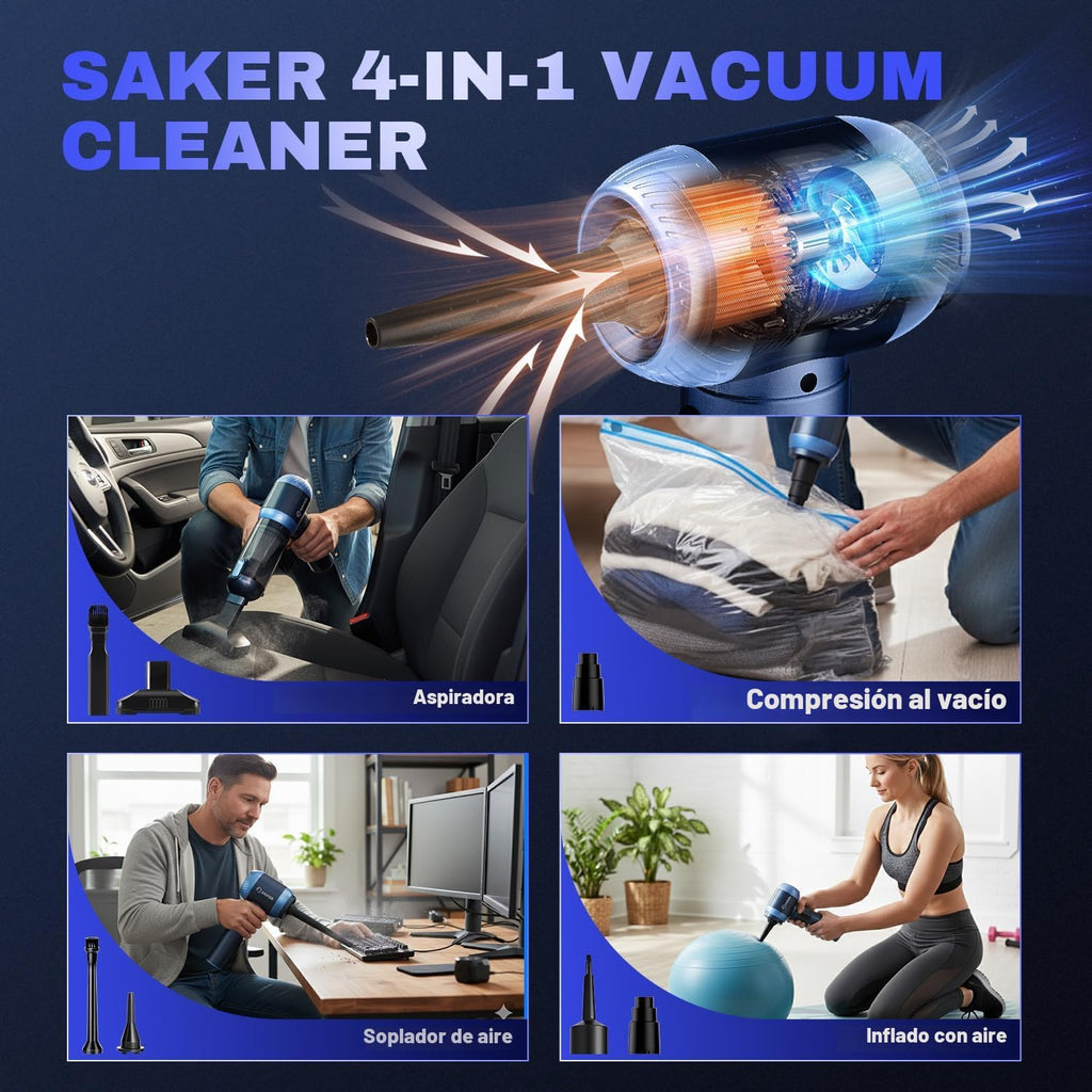 Saker 4 en 1 Aspiradora de Mano para Auto Portátil, Inalámbrica, 20000Pa HL157, Azul