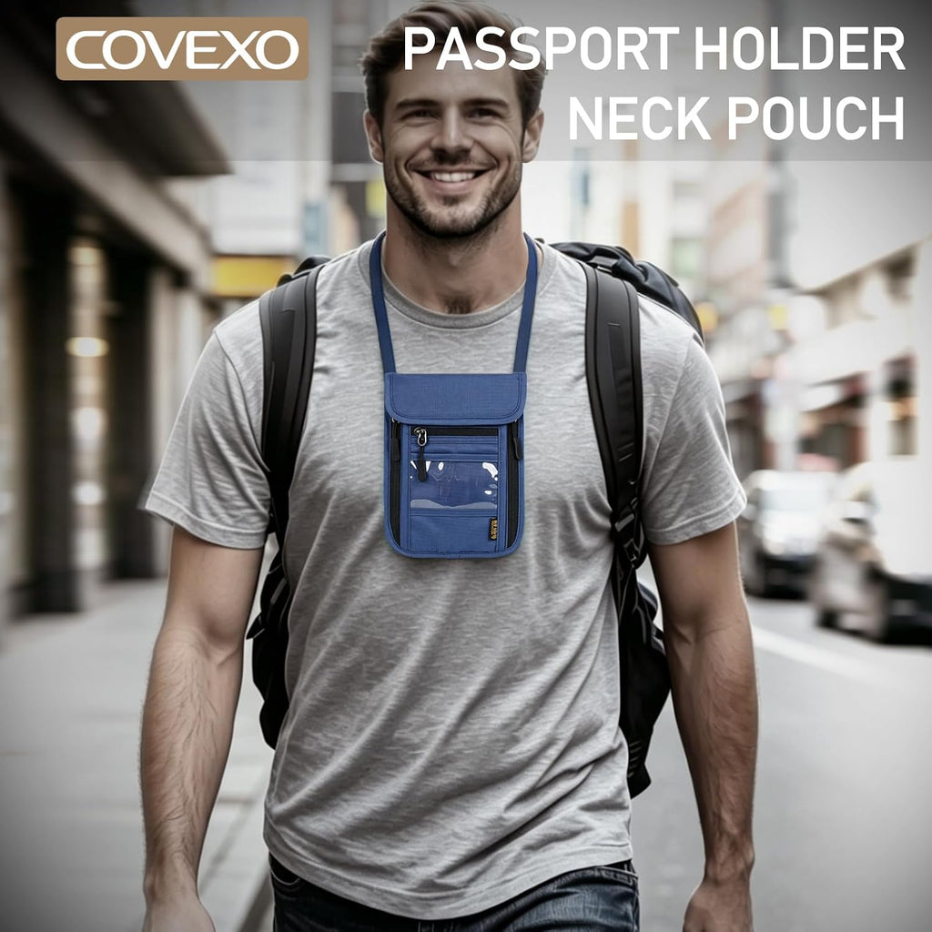 Cartera de cuello con bloqueo RFID, bolsa oculta para pasaporte de viaje, oculta debajo de la ropa, seguridad antirrobo, ajustable y ligera para vacaciones, aeropuertos, Azul oscuro, Bolsa de