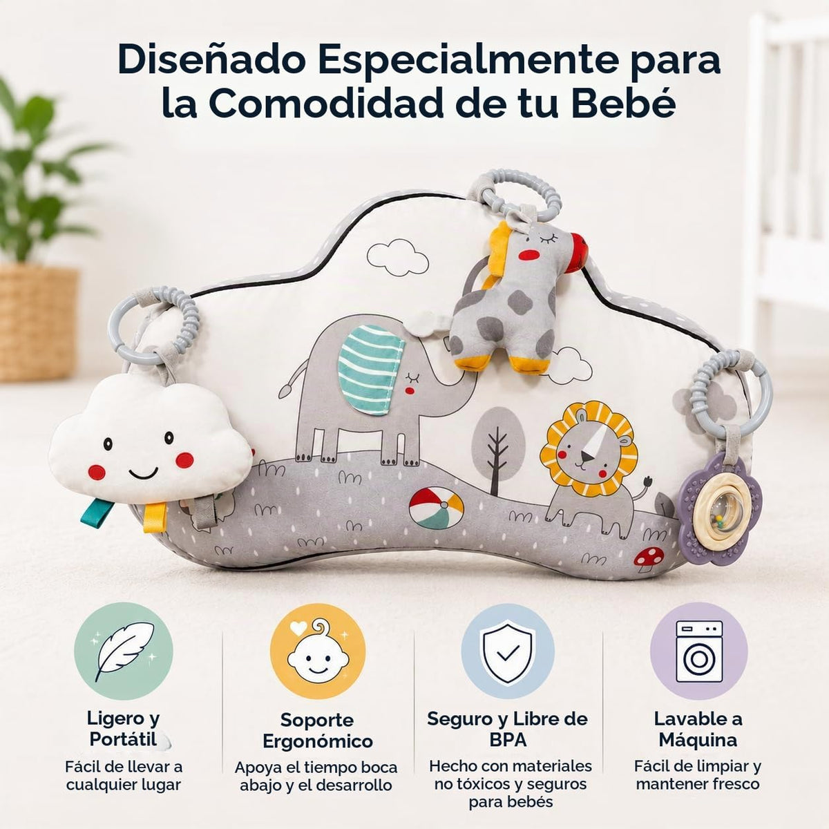 Juguete de actividad para el tiempo boca abajo con 3 juguetes sensoriales desmontables, almohada para bebés de 0 a 9 meses, almohada suave y transpirable con sonajero, juguetes arrugados y mordedores
