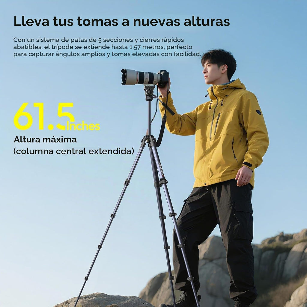 ULANZI Ombra Xiang Ⅱ - Trípode de video para cámara con cabezal fluido, trípode de viaje de 61.5 pulgadas con placa de liberación rápida de Arca giratoria de 360°, soporte portátil para cámara de teléfono, vlogging, grabación de video con bolsa de