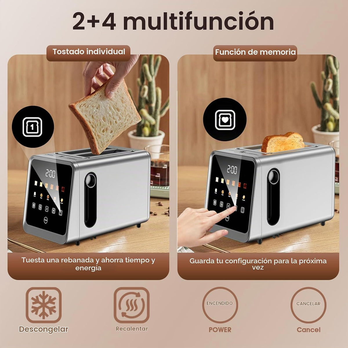 Tostadora de 2 rebanadas, pantalla táctil inteligente, ranuras anchas de