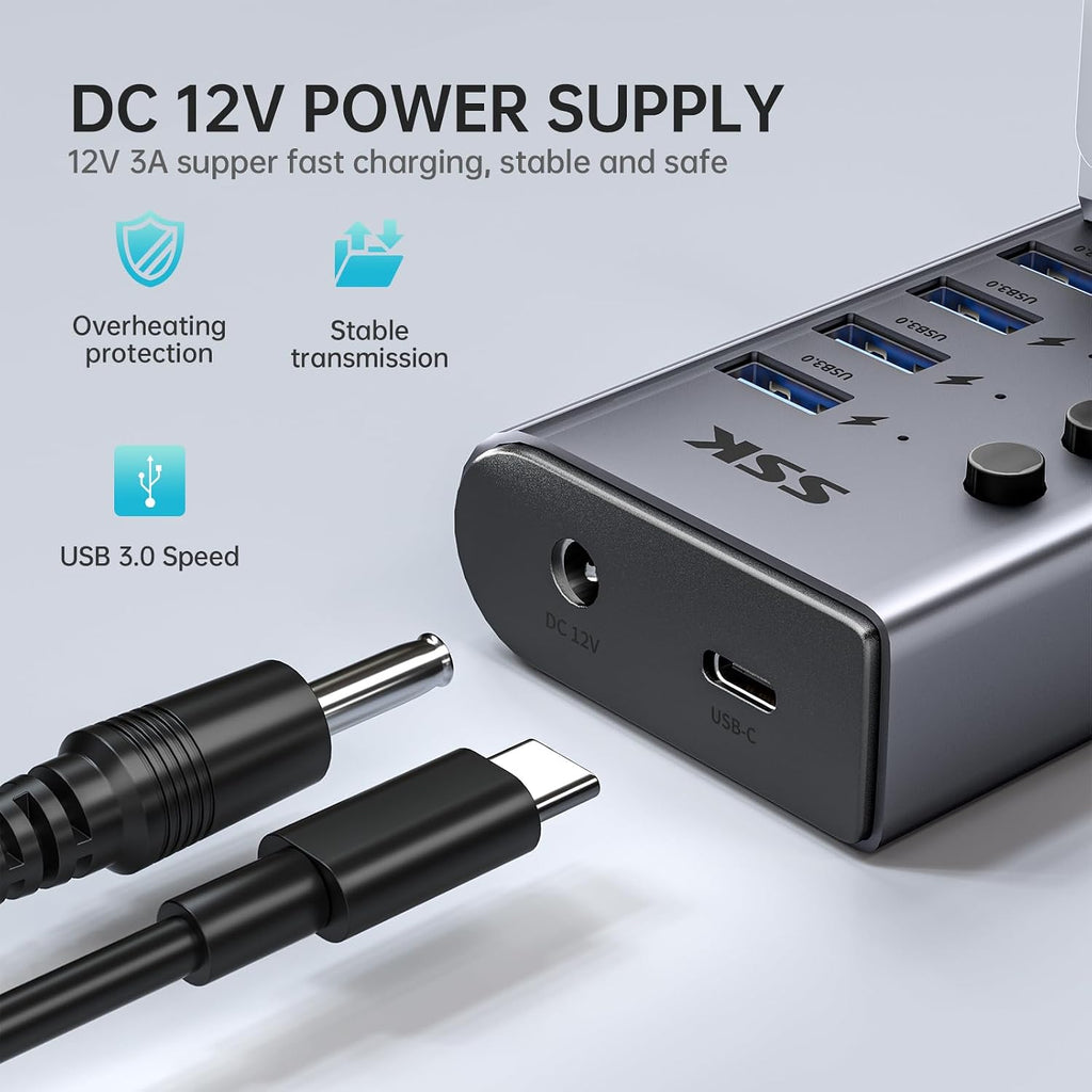 SSK, SHU0701, hub USB 3.0 de 7 puertos, alimentado, adaptador 12V/3A