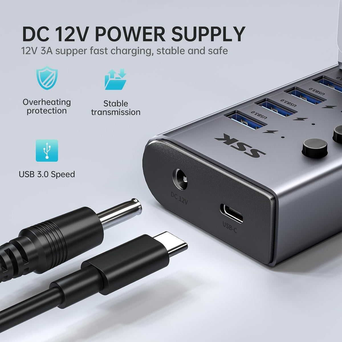 SSK, SHU0701, hub USB 3.0 de 7 puertos, alimentado, adaptador 12V/3A