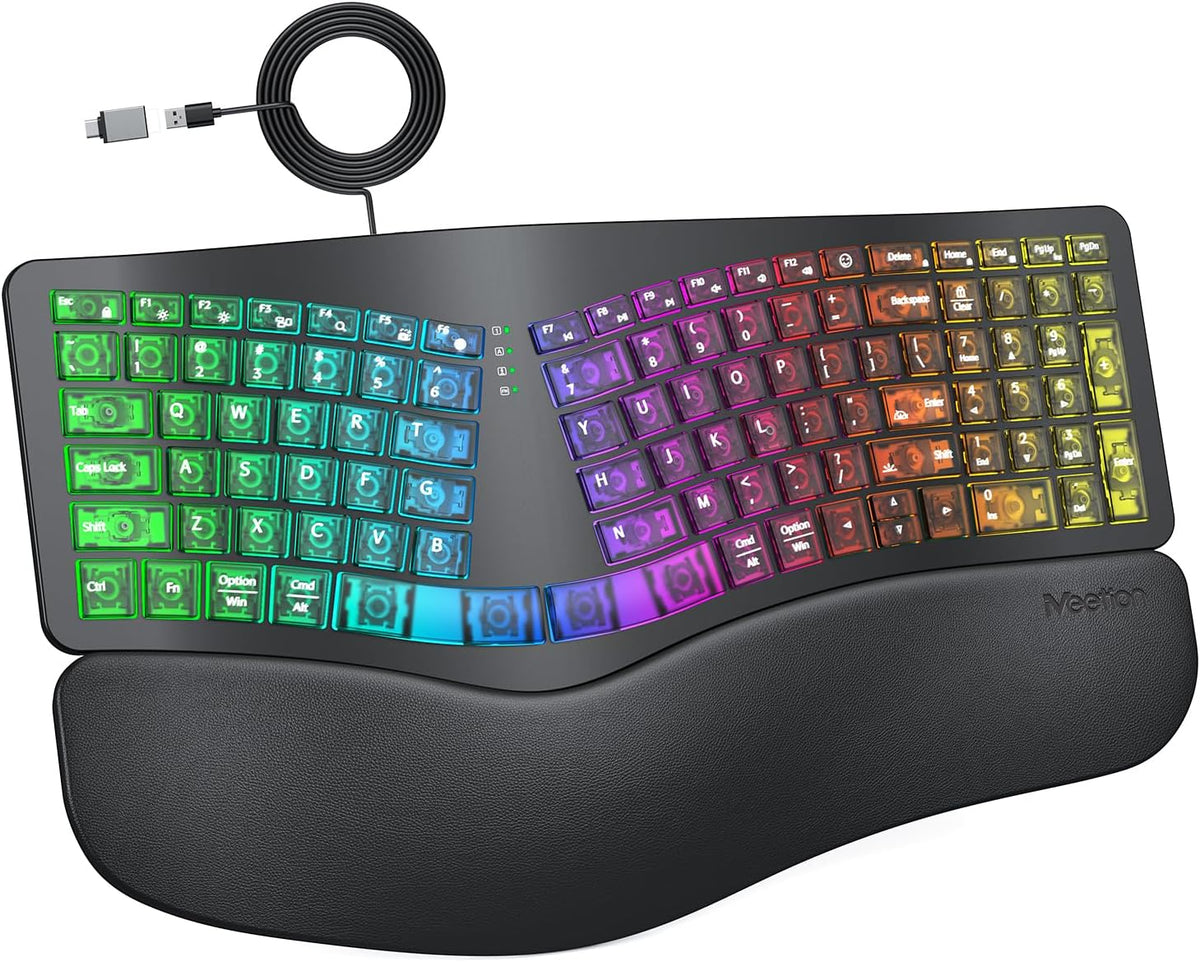 MEETION Teclado ergonómico con cable con teclas retroiluminadas y