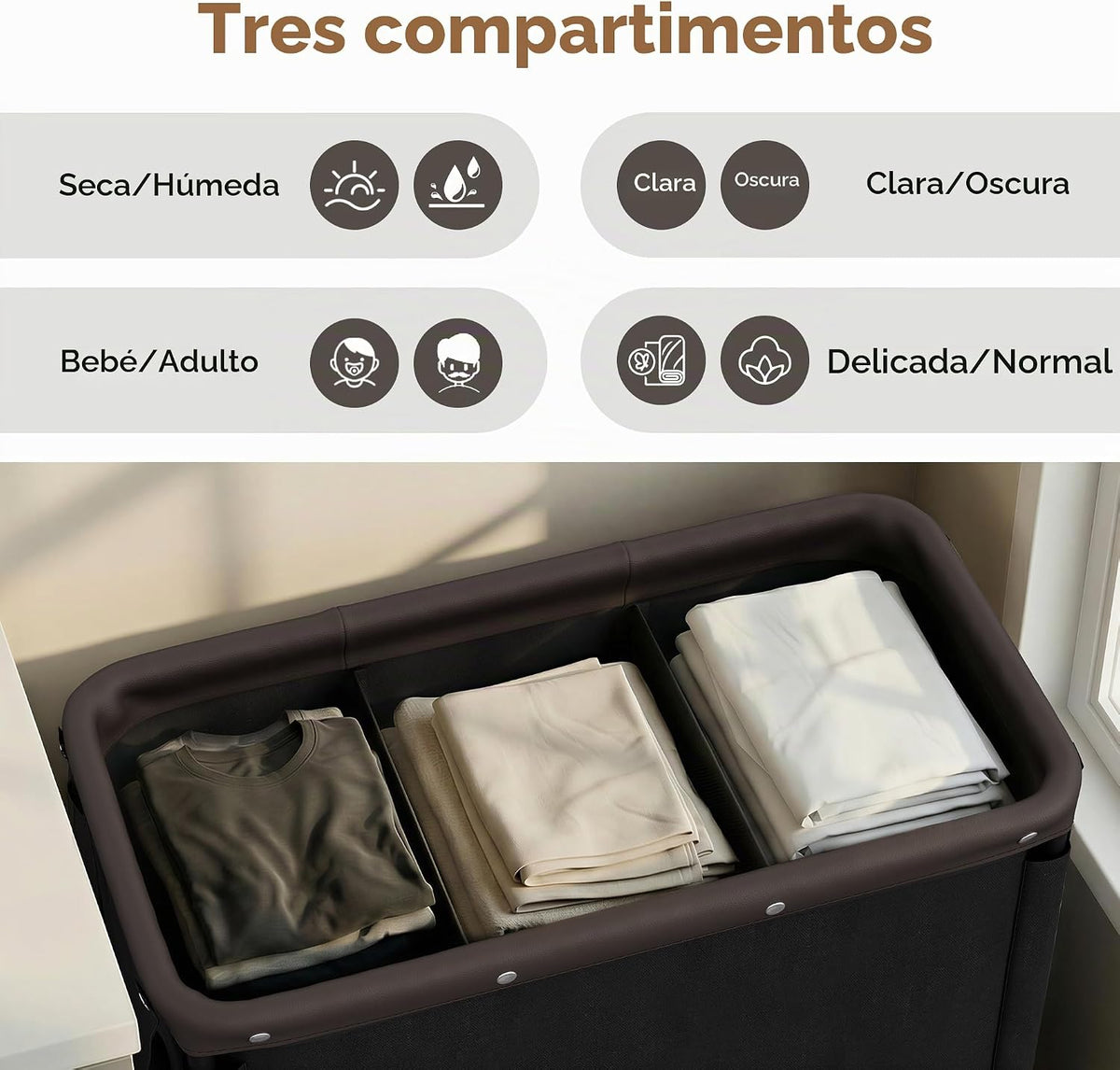 StorageWorks Cesta de lavandería de 3 secciones, carrito clasificador negro
