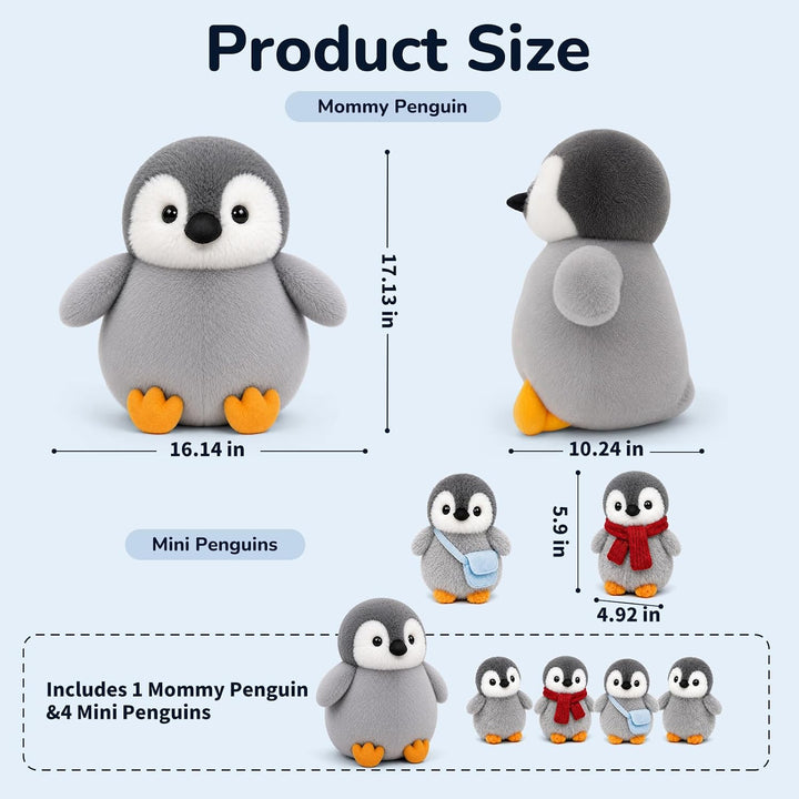 YIIQUWEN Juguete de peluche de pingüino, mamá pingüino con 4 pequeñ...