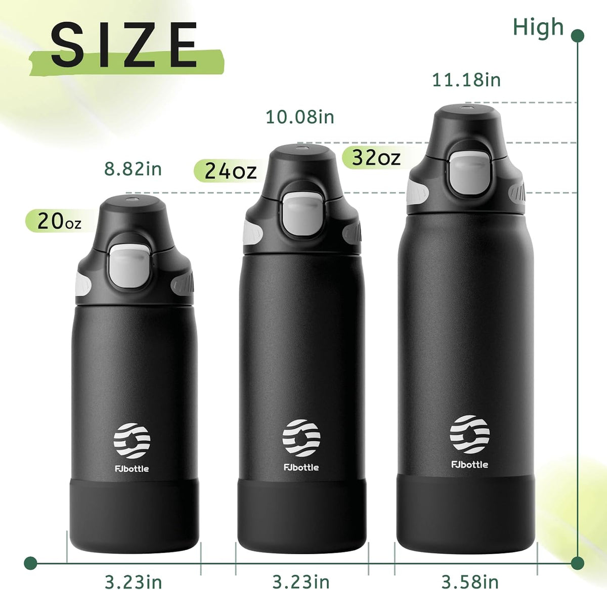 FJbottle Botella de agua aislada con soporte magnético para teléfono, frasco deportivo de acero inoxidable a prueba de fugas, función de trípode para gimnasio, entrenamiento, 32 onzas, color negro