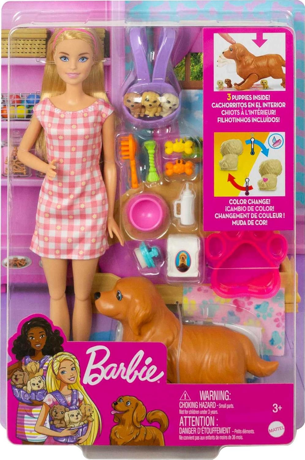 Barbie Juego de muñecas y mascotas, color rubio con mamá perro, 3 c...