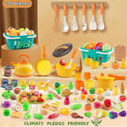 Mini accesorios de cocina de 200 piezas para niños a partir de 3 años, juego de cocina de simulación con utensilios de cocina, vajilla y 2 juegos de frutas, regalo de aprendizaje para niñas y niños, amarillo