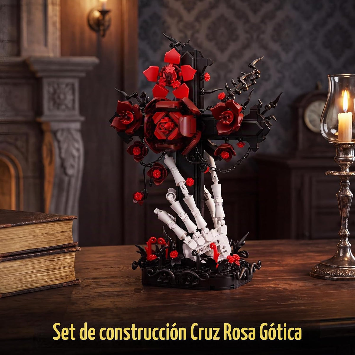 DRZYJ Juego de construcción de cruz de rosas góticas para adultos, 598 piezas de bloques de ramo de rosas rojas oscuras con mano de esqueleto, decoración de escritorio de Halloween, regalo gótico