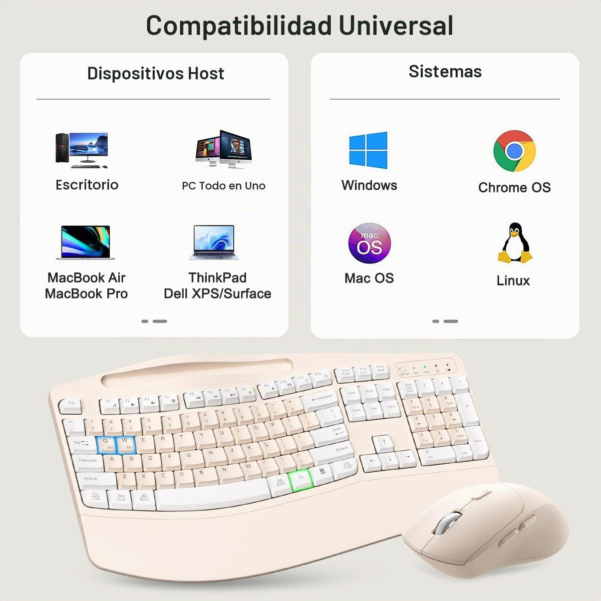 Combo de teclado y mouse inalámbricos, teclas onduladas de tamaño c...