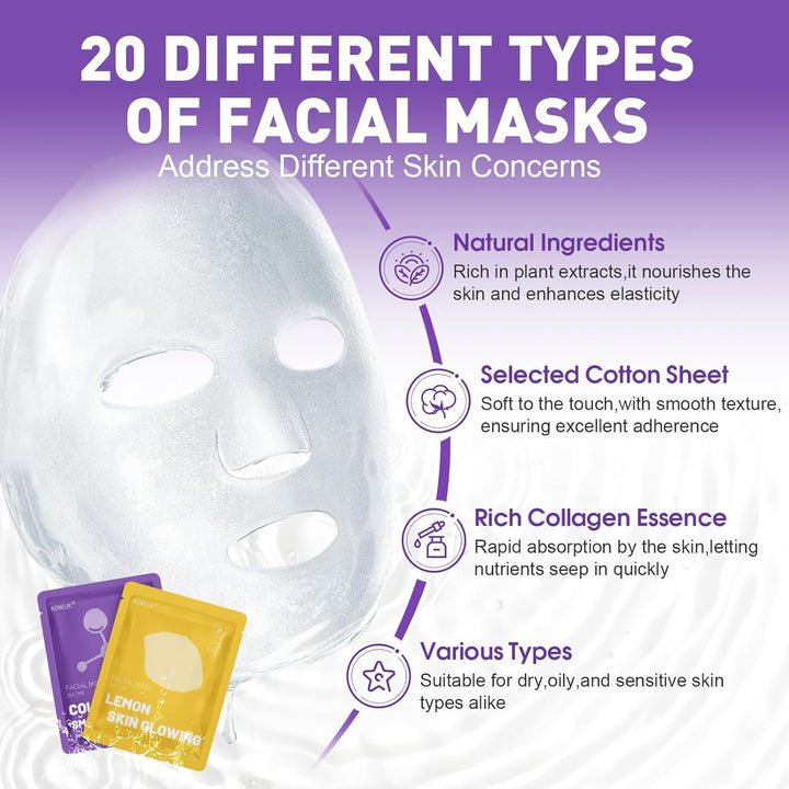 KONEUK Paquete de 20 mascarillas faciales para el cuidado de la pie...