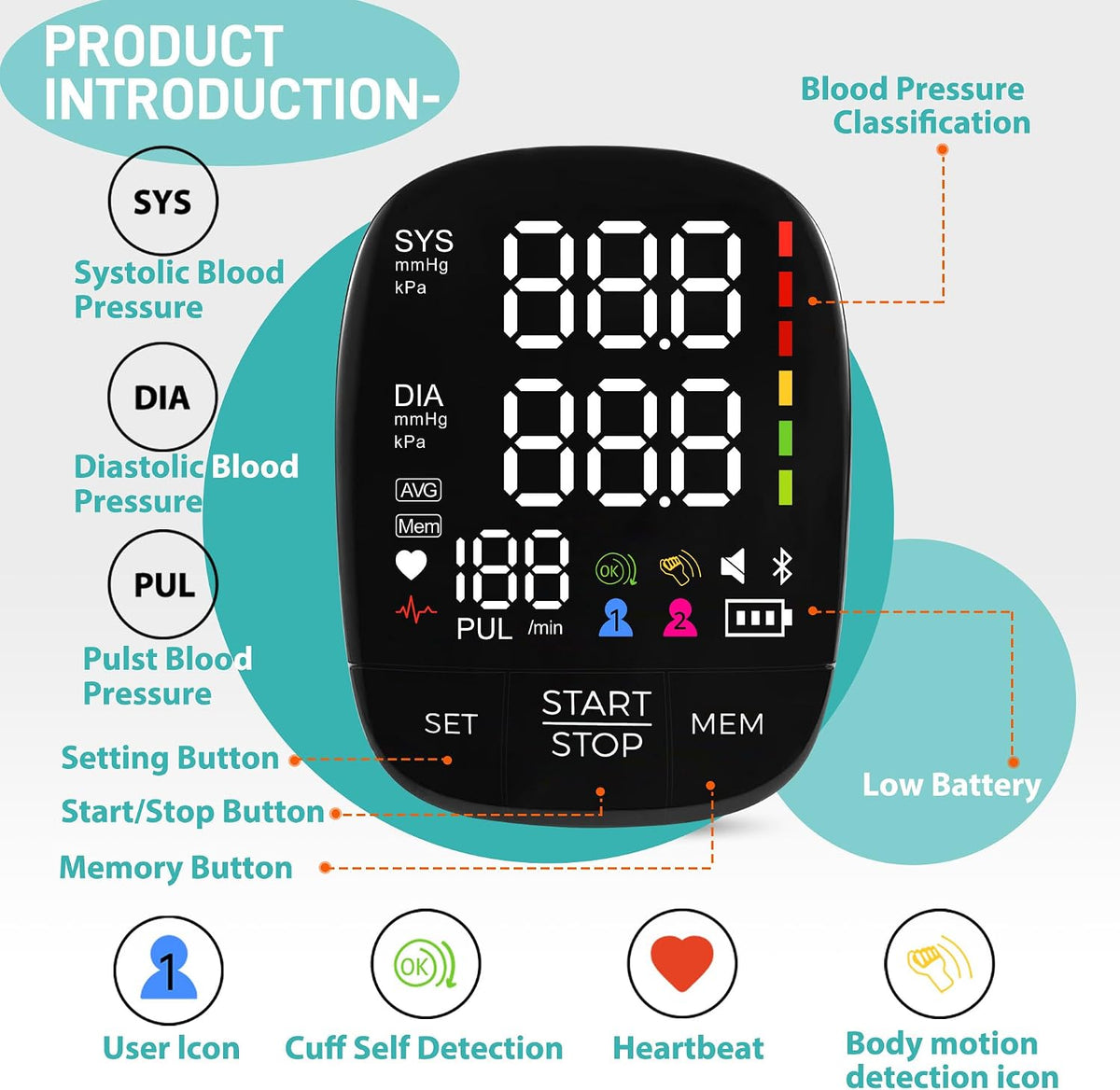 huangirl Monitor de presión arterial superior del brazo, brazalete automático de presión arterial con puño grande, monitores de presión arterial para uso doméstico