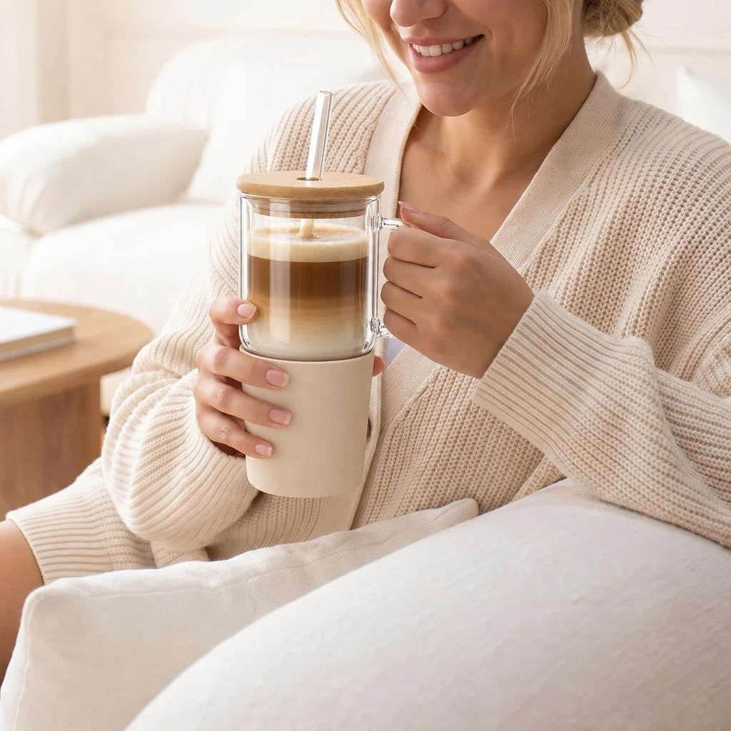 Vaso de vidrio de doble pared con asa y tapa con popote, taza de viaje aislada de 20 onzas para bebidas frías y calientes, vaso de vidrio transparente apto para portavasos