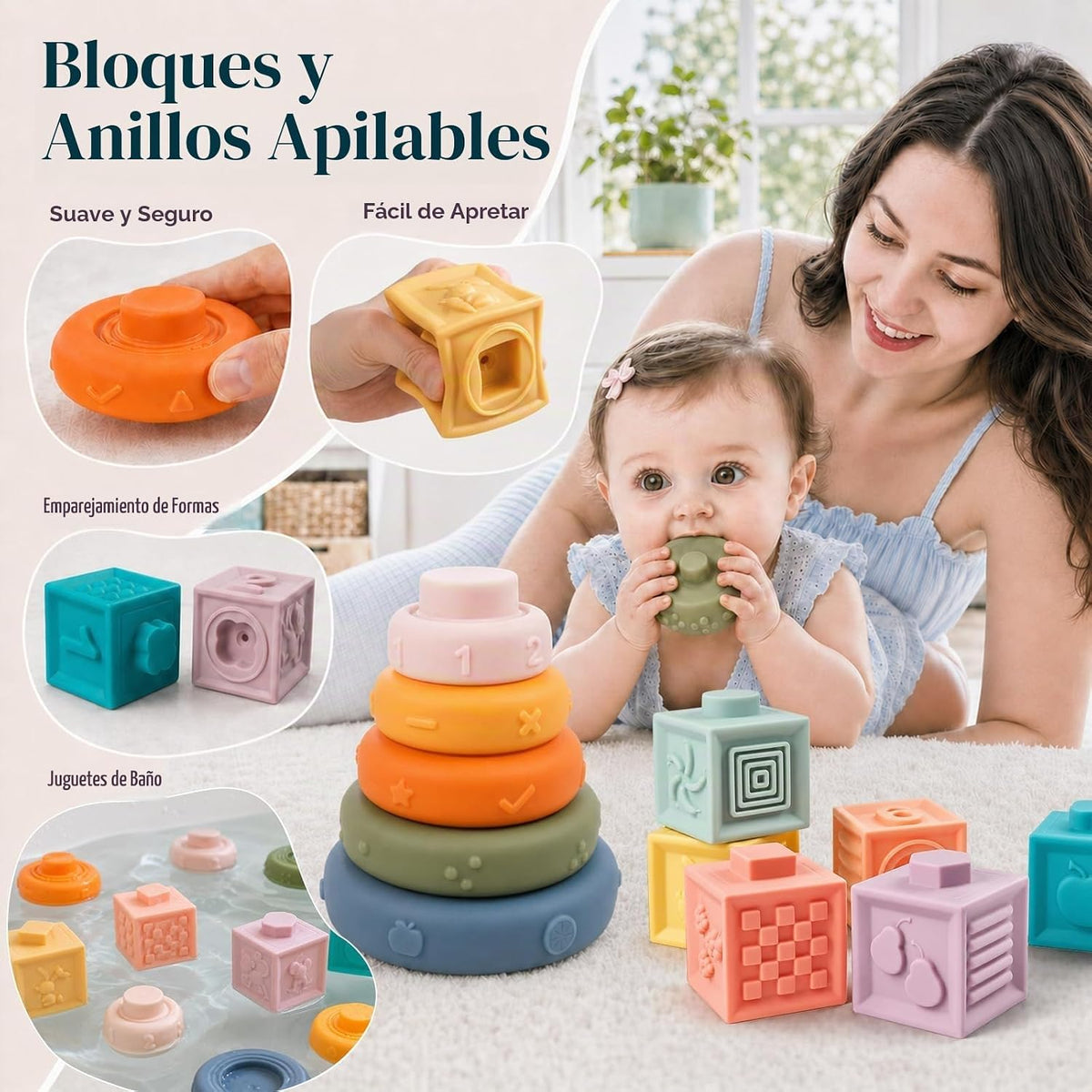 Set de Juguetes Montessori 6-en-1 para Bebés con Clasificador de Formas de Madera, Xilófono y Mordedor