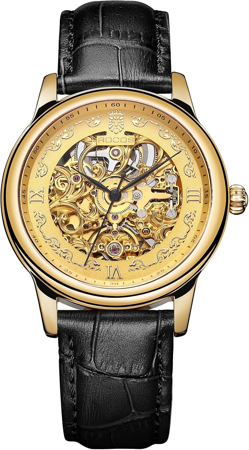 ROCOSJEWE R0106 Reloj Automático para Hombres – Esqueleto de Dial en Oro de Lujo, Reloj Mecánico de Gran Reserva Automático, Reloj de Moda para Hombre, Reloj con Correa de Cuero Negra/Marrón, Resistente al Agua, Regalo para Hombres