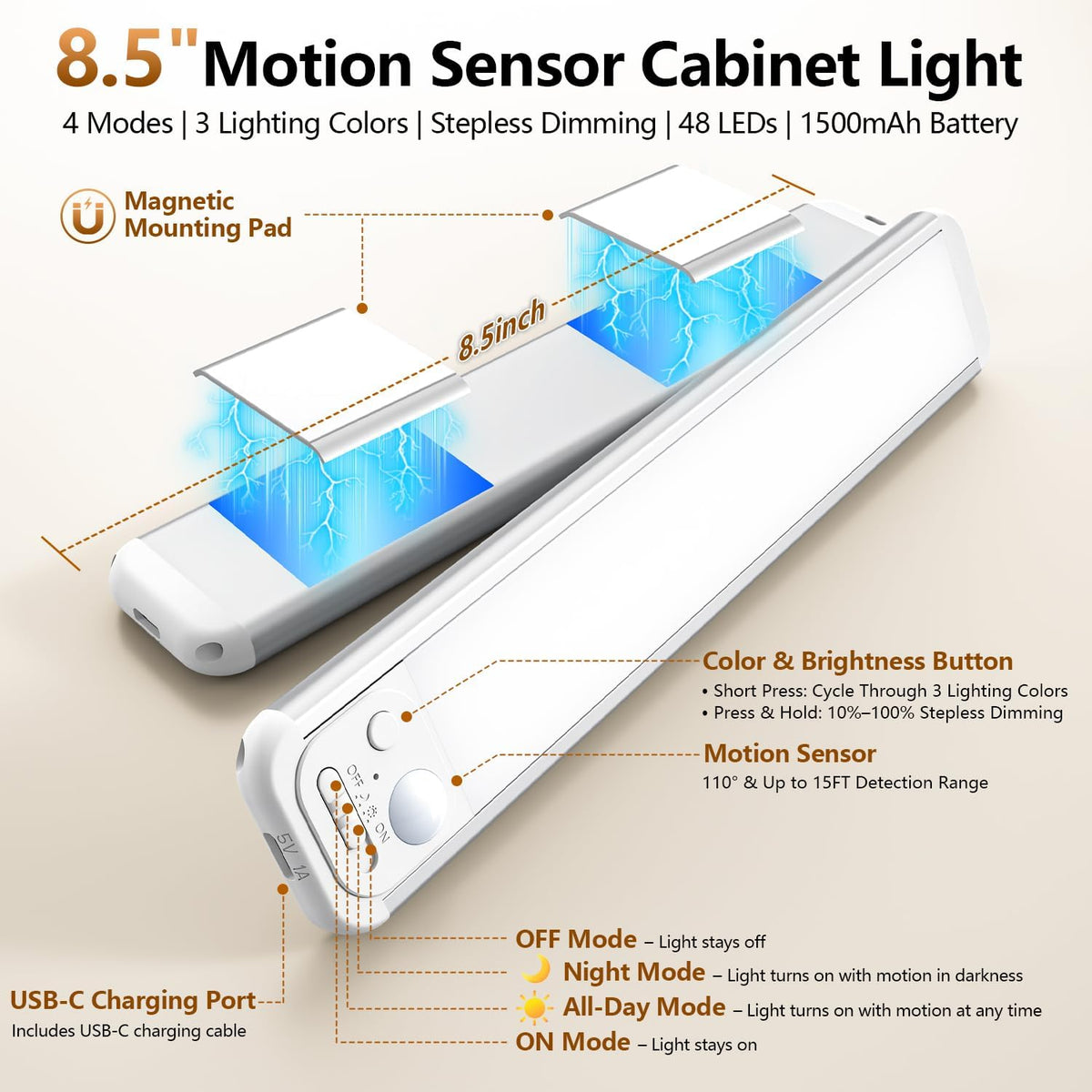 SECRUI Paquete de 6 luces para debajo del gabinete de 8.5 pulgadas, luces con sensor de movimiento para interiores, recargable de 48 LED de 3 colores, barra de luz magnética de atenuación continua