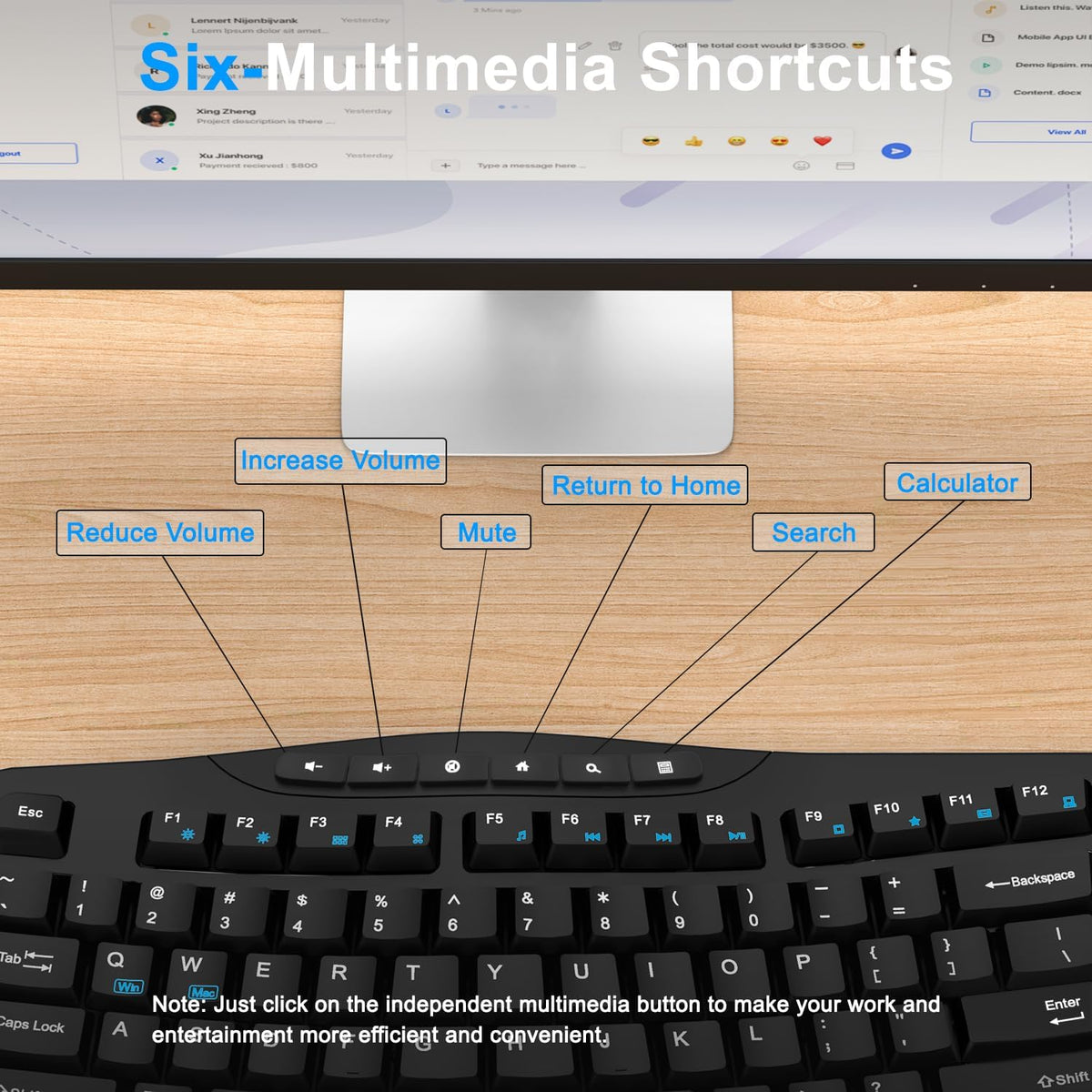 Combo de teclado y mouse inalámbricos, teclado ergonómico con 6 tec...