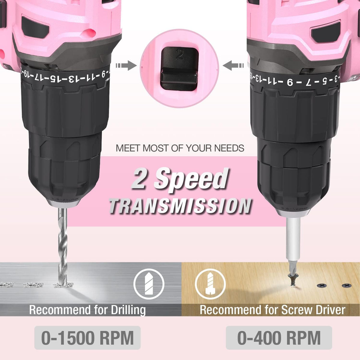 WORKPRO Taladro Atornillador Inalámbrico Rosa de 20V de Iones de Litio, 1 Batería, Cargador y Bolsa de Almacenamiento Incluidos - Cinta Rosa