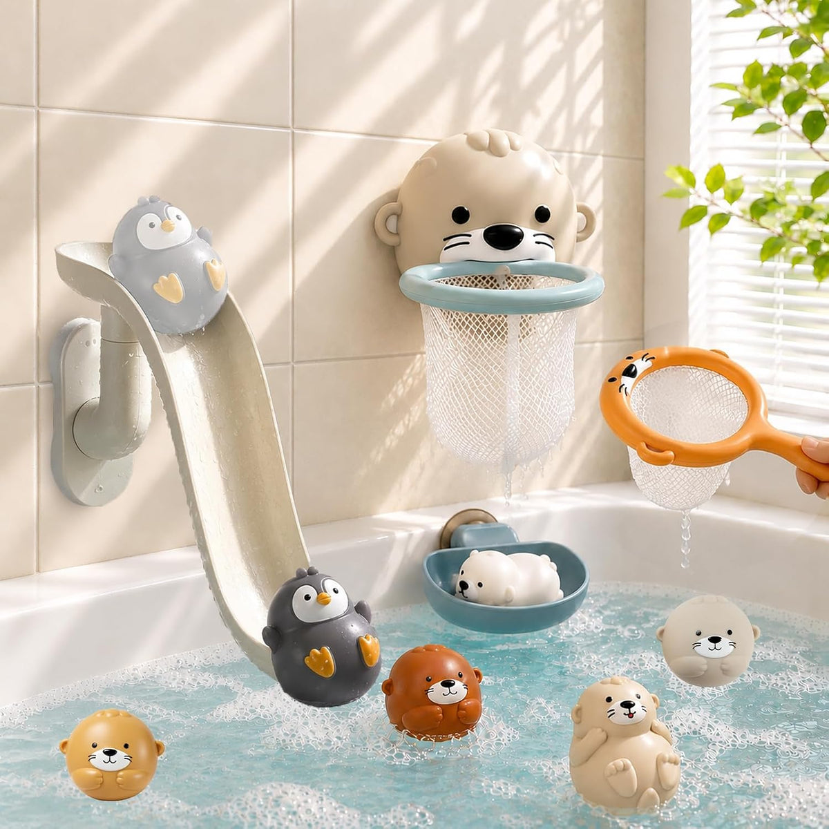 Juguetes de baño para mayores de 3 años, sin agujero, 6 animales marinos flotantes con tobogán de agua, aro de baloncesto y red de atrapación, juguetes de bañera para niños y niñas, juguetes de agua