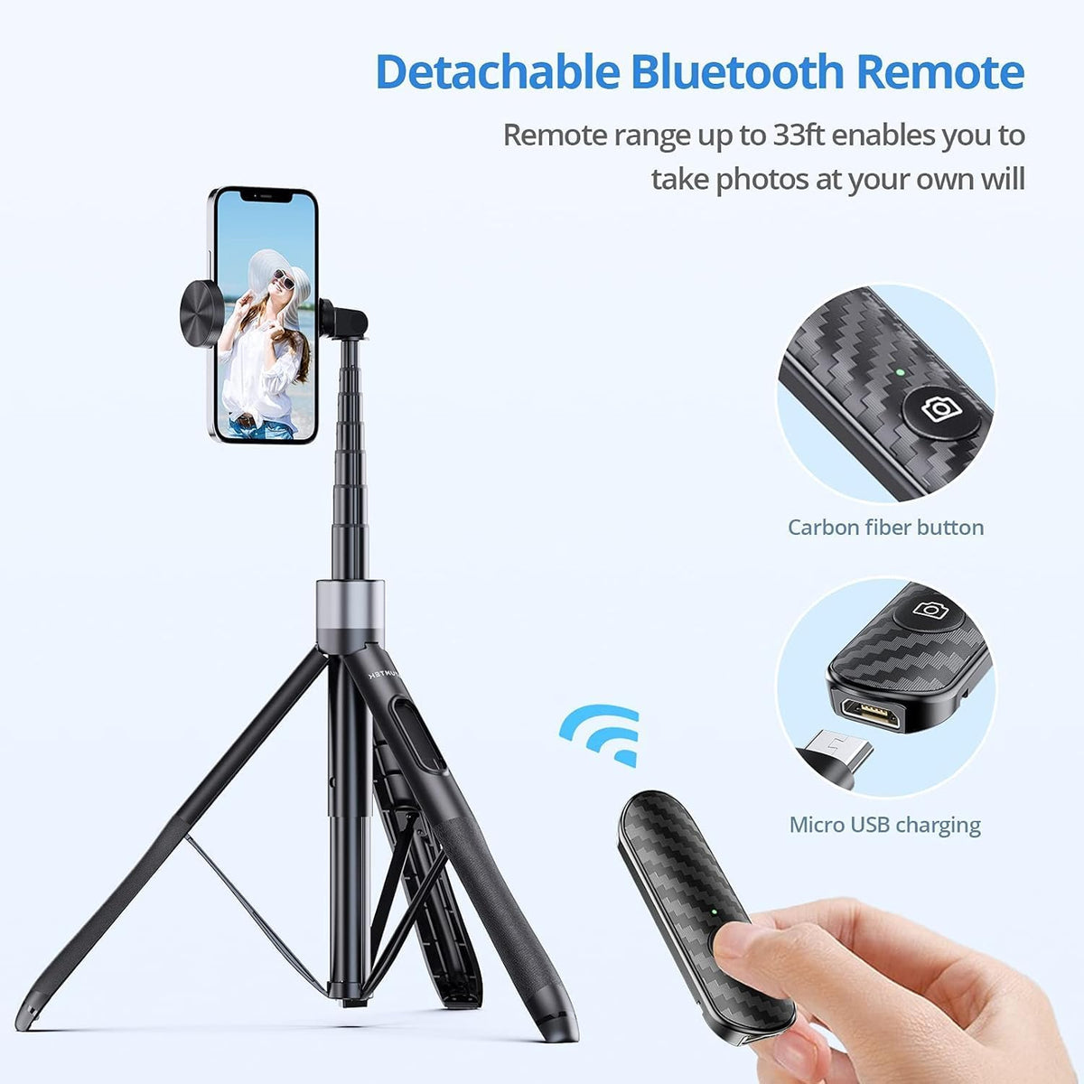ATUMTEK Trípode para selfie stick de 60 pulgadas, todo en uno, extensible con control remoto Bluetooth, rotación de 360° para iPhone y Android, grabación de video, vlogging, transmisión en vivo, color negro