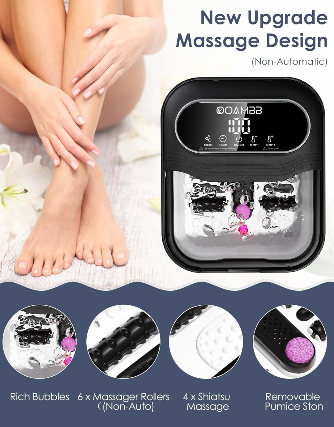 OOAMBB Spa de pies plegable con control de calor, burbujas y temper...
