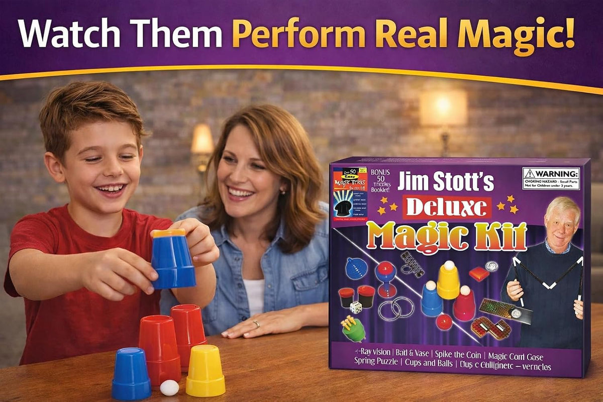 Kit mágico de lujo para niños de 5 a 12 años – Juego mágico de lujo para principiantes con trucos fáciles, instrucciones paso a paso y accesorios clásicos | Regalo divertido para niños y niñas | Jim