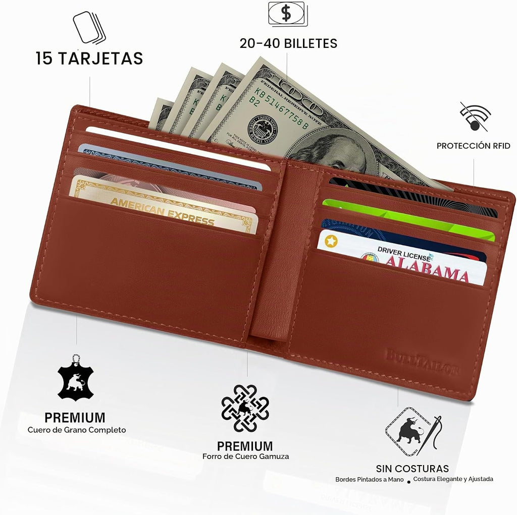 Billetera de cuero de grano completo para hombre, minimalista, delgada, plegable, con bloqueo RFID, con bolsillo para efectivo, 8 ranuras para tarjetas (marrón coñac)