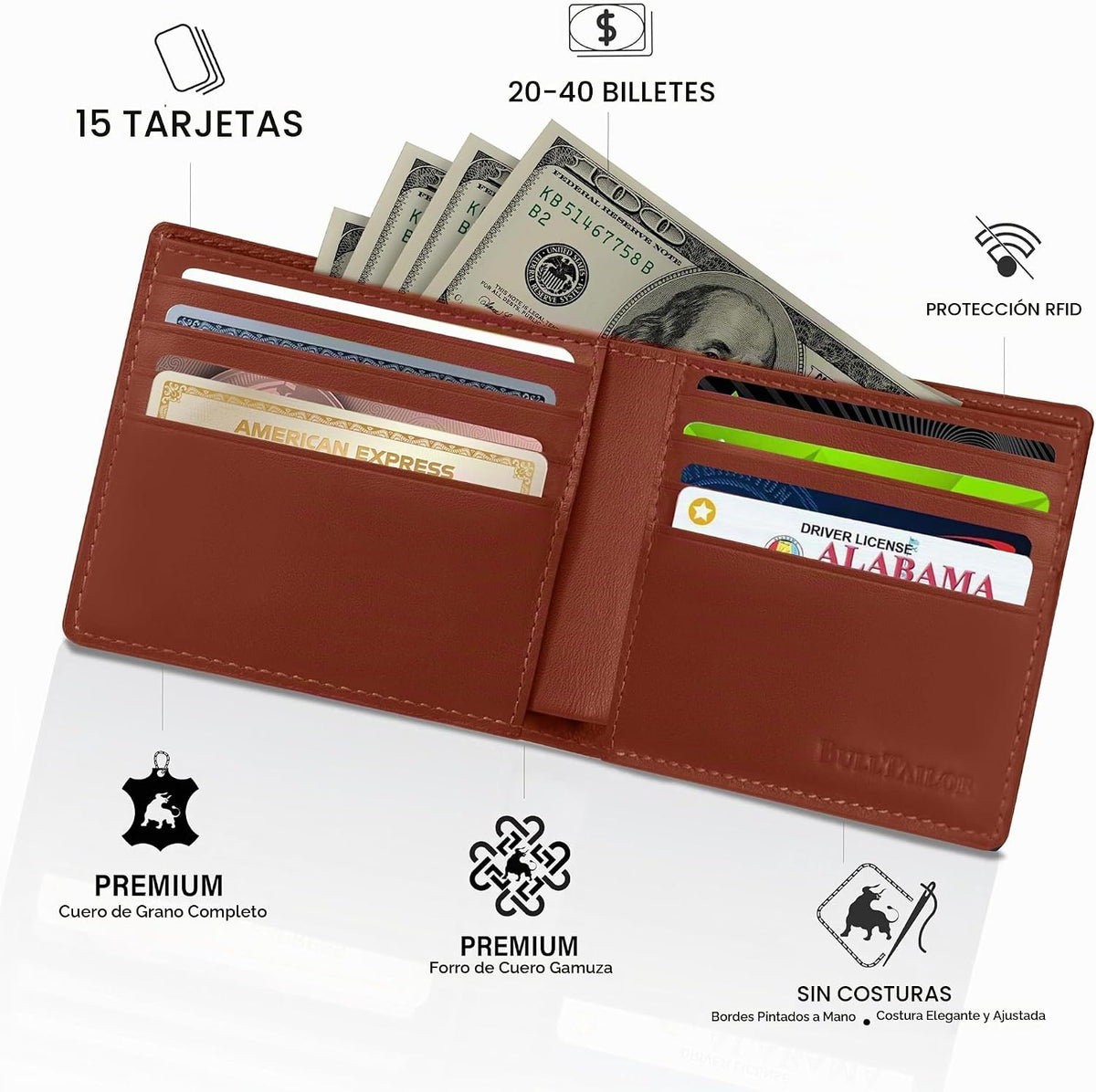 Billetera de cuero de grano completo para hombre, minimalista, delgada, plegable, con bloqueo RFID, con bolsillo para efectivo, 8 ranuras para tarjetas (marrón coñac)