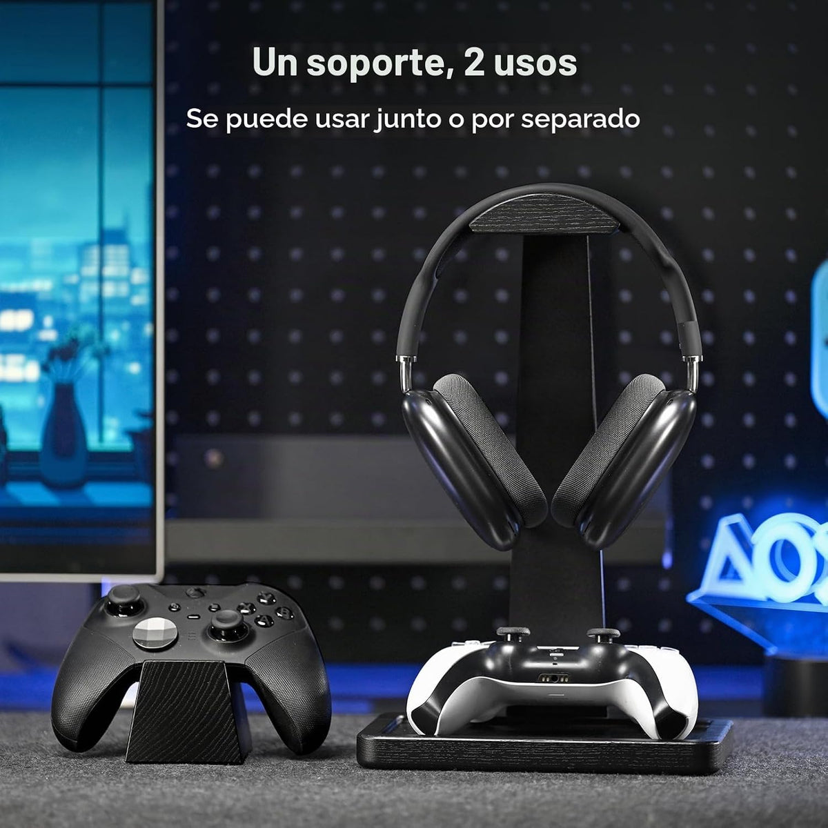 UPERGO Soporte de auriculares de madera maciza con soporte para controlador