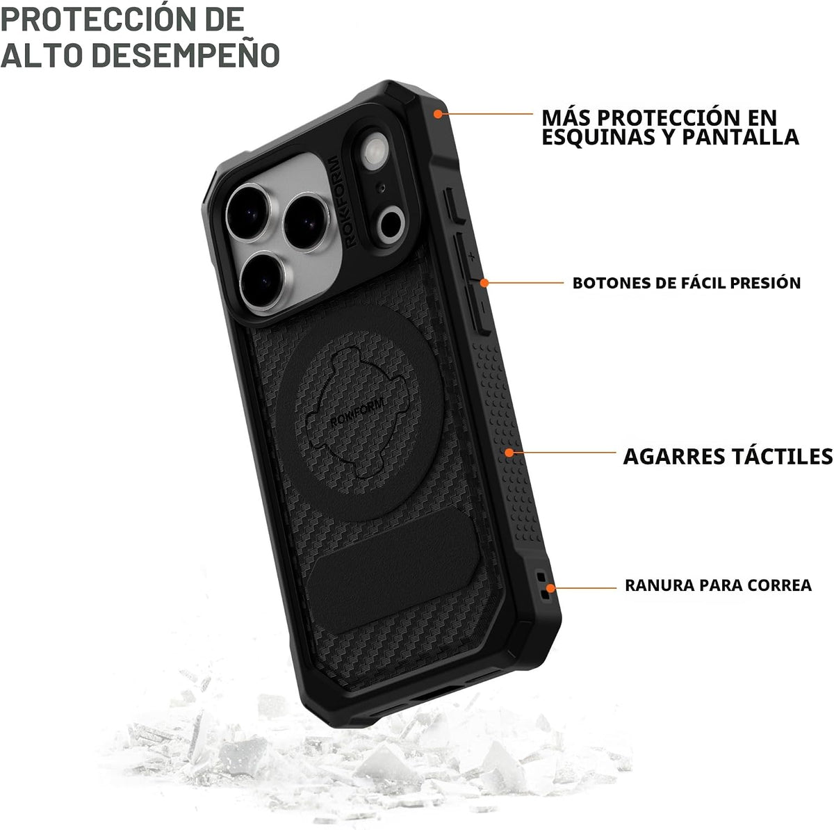 Rokform - Carcasa resistente para iPhone 17 Pro, magnética + RokLock (negro)