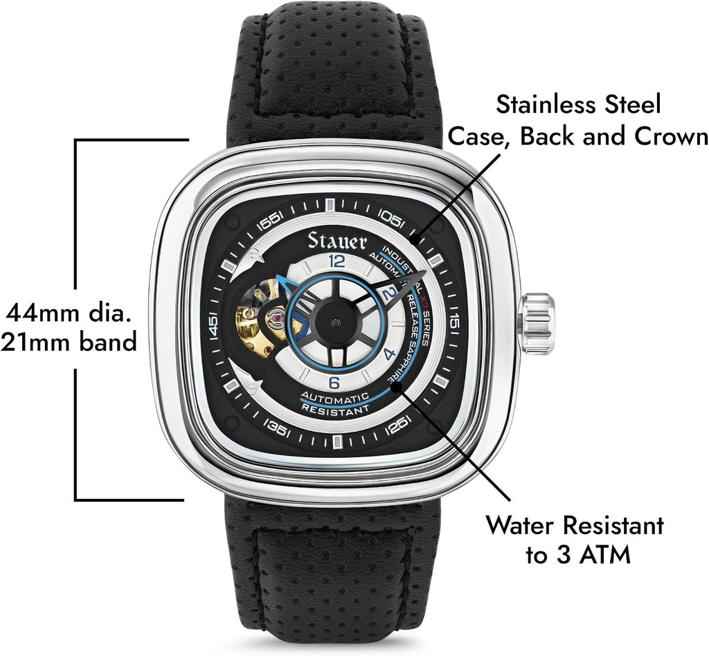 Stauer Reloj automático de esqueleto cuadrado para hombre, funda de cojín plateada de 1.732 pulgadas, esfera negra de corazón abierto, movimiento mecánico de 21 joyas, correa de cuero