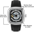 Stauer Reloj automático de esqueleto cuadrado para hombre, funda de cojín plateada de 1.732 pulgadas, esfera negra de corazón abierto, movimiento mecánico de 21 joyas, correa de cuero