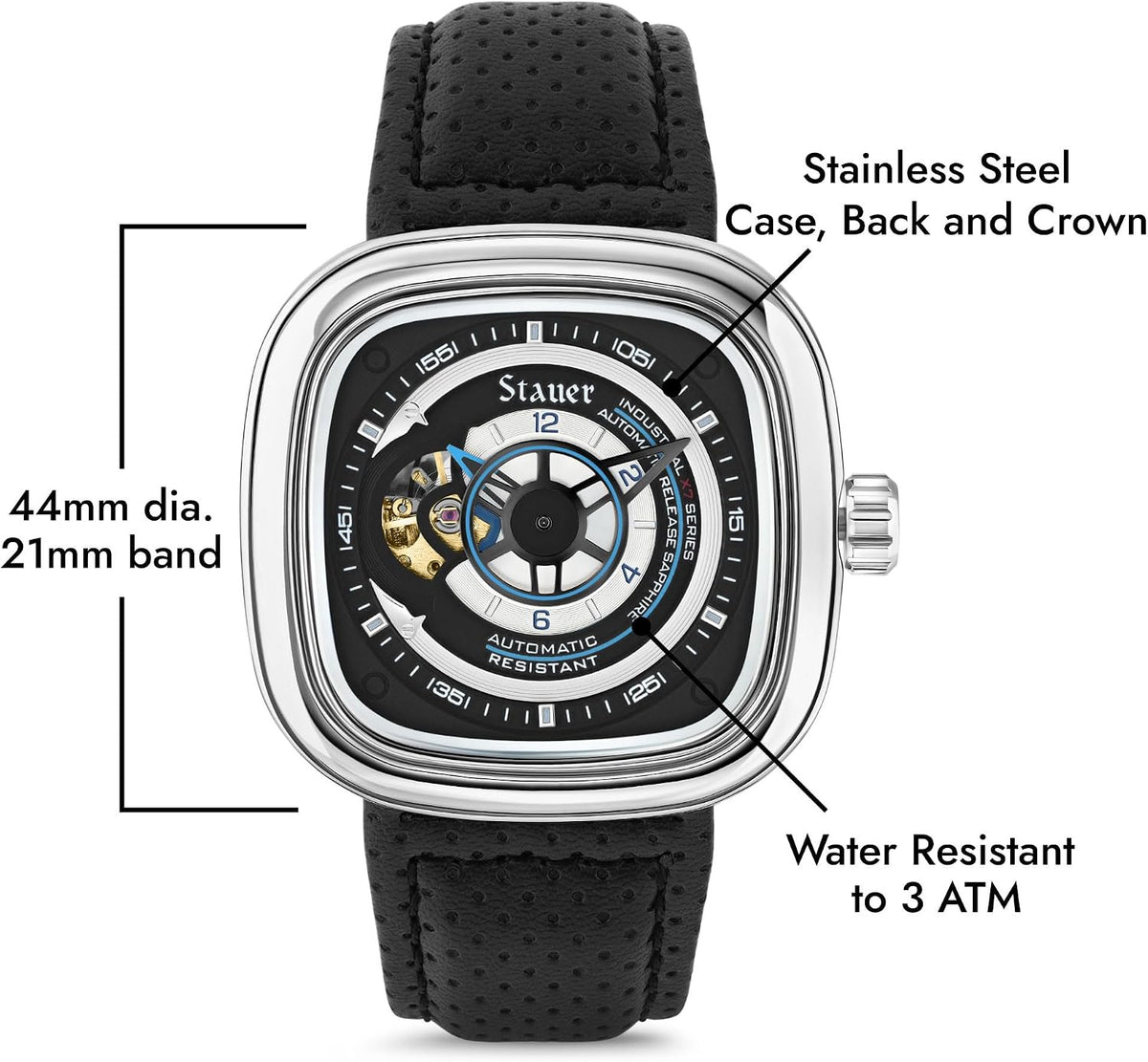 Stauer Reloj automático de esqueleto cuadrado para hombre, funda de cojín plateada de 1.732 pulgadas, esfera negra de corazón abierto, movimiento mecánico de 21 joyas, correa de cuero