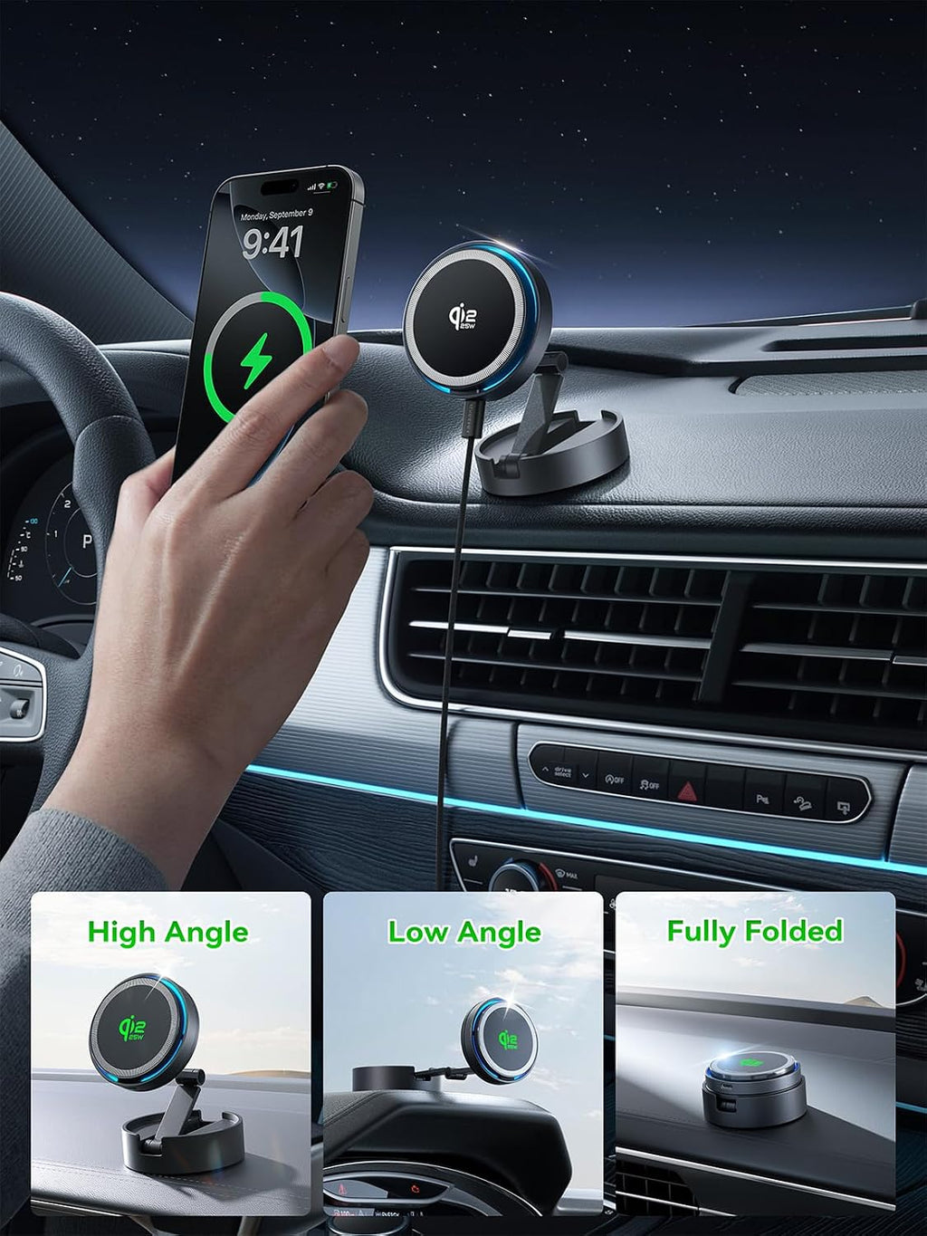 Cargador magnético para montaje en coche Lite Qi2 25W de carga con
