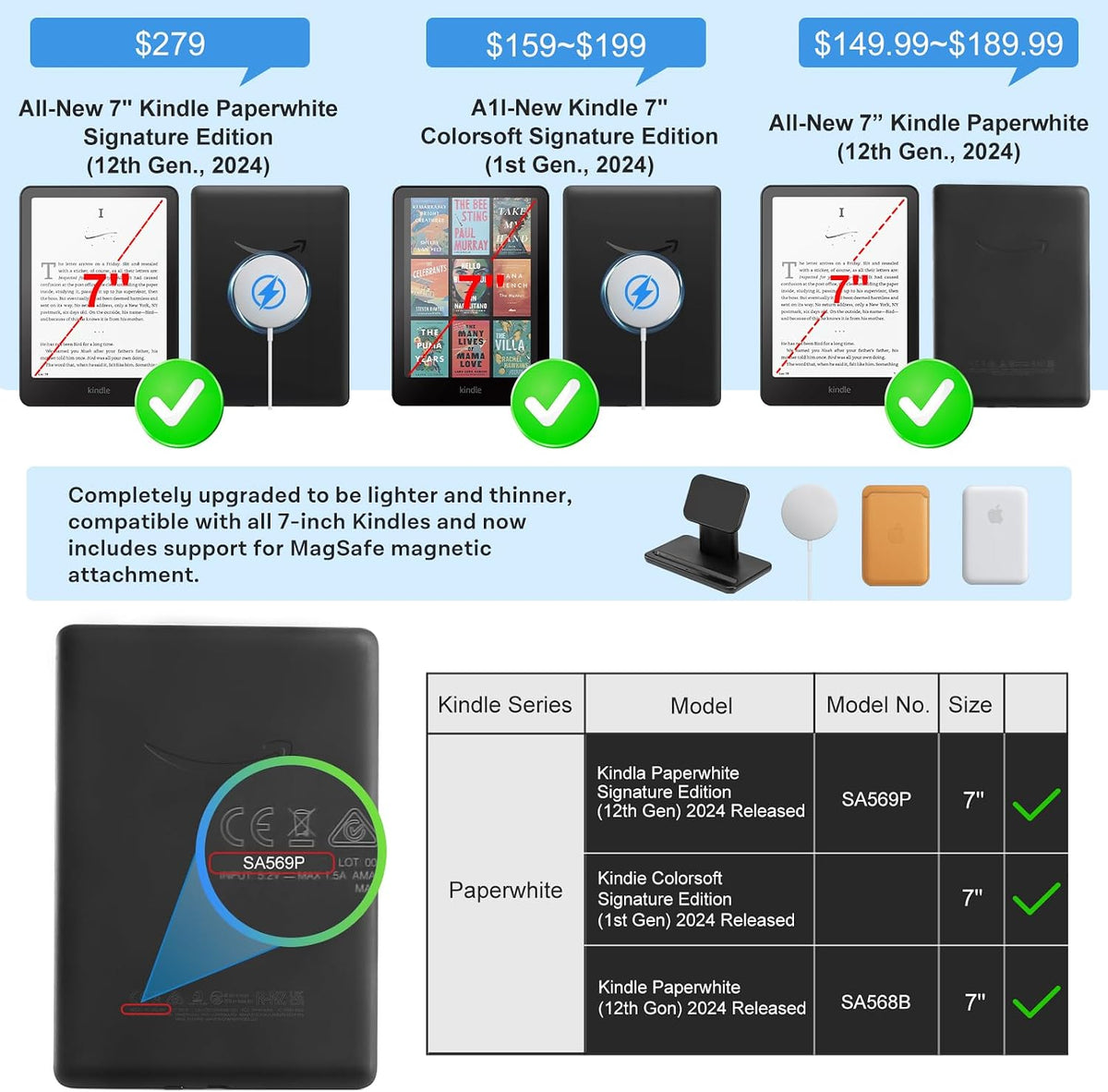 CoBak - Funda con soporte para Kindle Paperwhite de 12.ª generación de 2024 de 7 pulgadas y Kindle Colorsoft, con correa de mano, compatible con MagSafe de Apple y bases de carga Samsung/Belkin/Anker