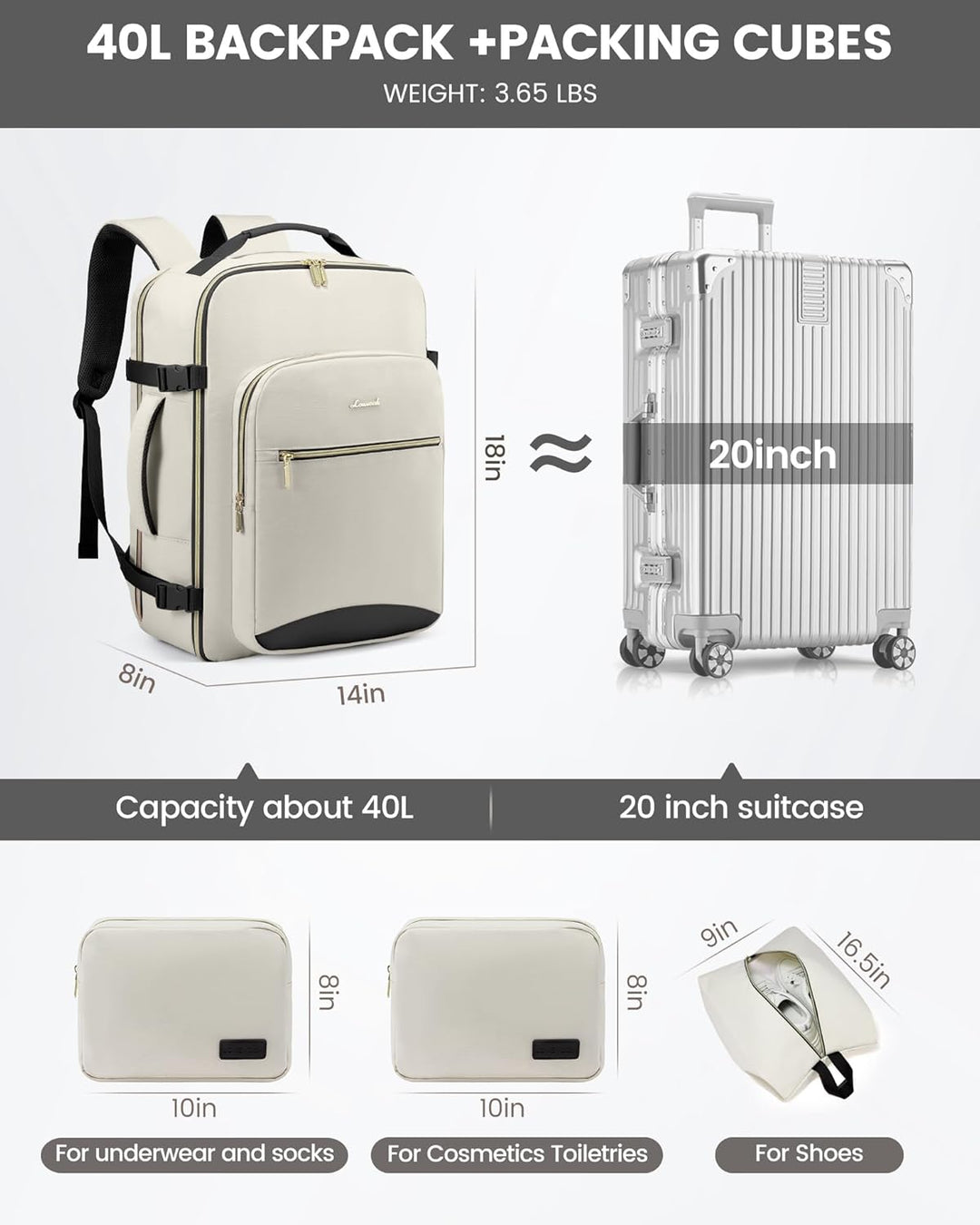 LOVEVOOK Mochila de viaje para mujeres y hombres, 40L, aprobada por...