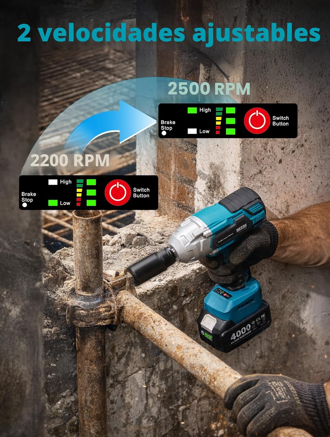 Seesii WH6 Lite - Llave de impacto inalámbrica de 1/2 pulgada, alto par de torsión de 479 pies (650 Nm), pistola de impacto sin escobillas, 2500 RPM con batería 2 x 4.0, 6 enchufes, 8 brocas